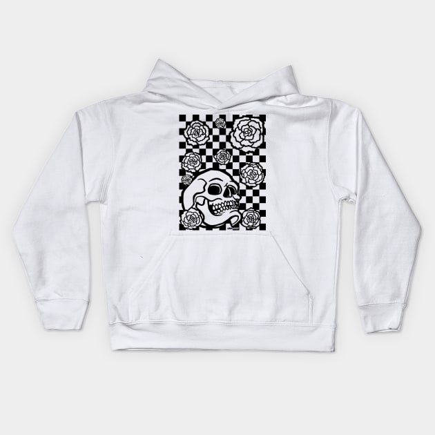 Skull and Roses Checkerboard Kids Hoodie by Jan Grackle